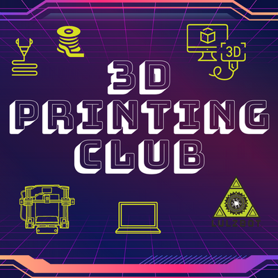 3D Printing Club with various depictions of computers and filament