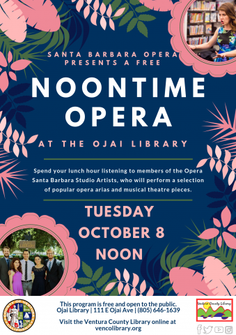 Flyer for event, info on calendar listing. Flyer is floral, colored navy and cotal with as images of the opera singers.