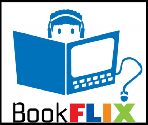 BookFlix Logo, Boy in headphones reading book