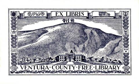 Vintage "Ventura County Free Library" book plate featuring 5 trees (now 2 trees) and the old Foster Library