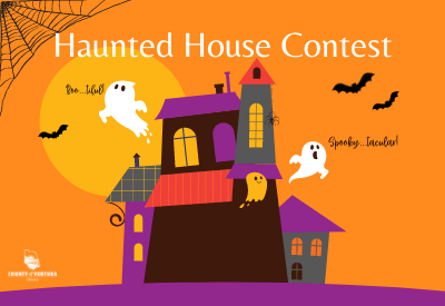 Image of a haunted house against an orange field, ghosts and bats flying around the structure, with the caption "Haunted House Contest"