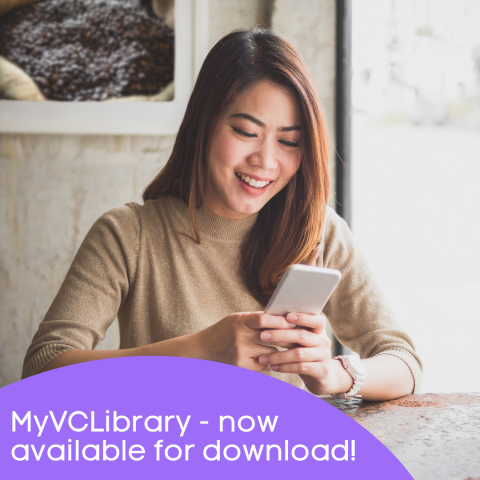 MyVCLibrary - now available for download; girl looking at cell phone