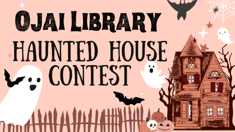 Ojai Library Haunted House Contest. Pink background shabby house with cute ghost illustrations.