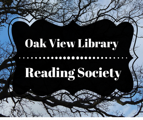 Background of oak tree branches and blue sky with the name of the reading society centered in white text on a field of black.