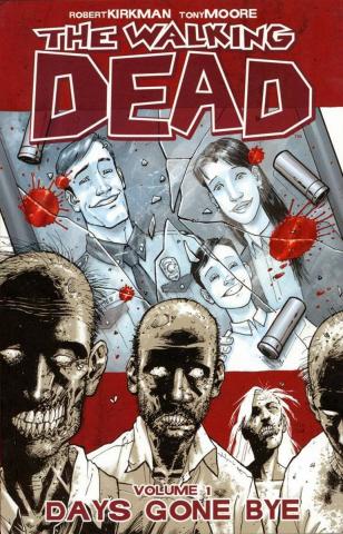 Cover of walking dead book. Colors: Red, Black, Gray Tan. Content: Zombie faces.
