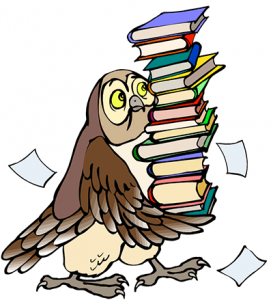 Cartoon of owl carrying a stack of books