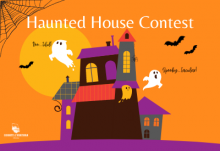 Image of a haunted house against an orange field, ghosts and bats flying around the structure, with the caption "Haunted House Contest"