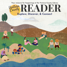  illustration of sunny day at the beach with diverse people reading keeping socially distant. Your resource for happenings at the Ventura County Library. Ventura County Reader. Explore, Discover, & Connect to eLibrary Student Resources.  
