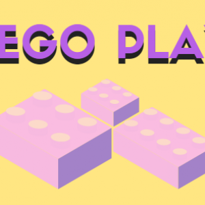 Yellow background with purple lettering that says Lego Play and yellow and purple Lego brick