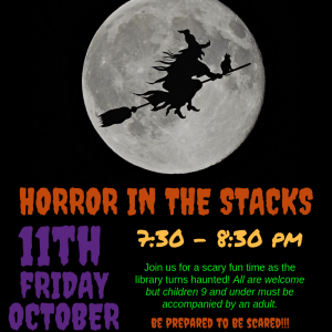 Horror in the Stacks flier at Prueter Library. Text in calendar entry