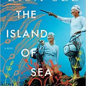 Book cover for Island of the Sea Women by Lisa See. Cover is blue with two women standing the beach ready to dive.