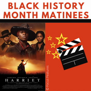 Movie poster for Harriet- shows three actors and a silhouette of Harriet Tubman holding a revolver