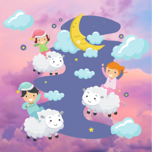 pink fluffy clouds with illustrated children on flying fluffy sheep with clouds and a crescent moon