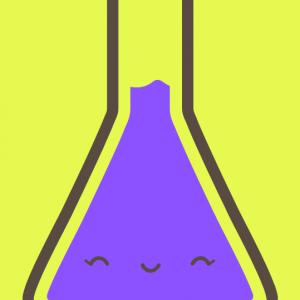 A graphic of a cute beaker filled with purple liquid on a lime green background.