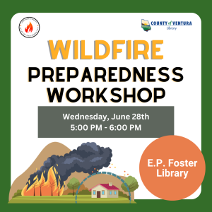 Wildfire Preparedness Workshop Wednesday, June 21st 5:00-6:00 pm E.P. Foster Library. Illustration of home protected from wildfire. 