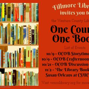 Fillmore OCOB flyer showing bookcase with figure behind it. Text on calendar listing.