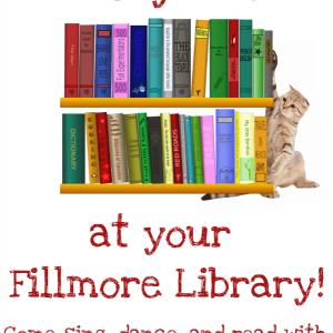 Storytime flyer, Fillmore Wednesdays at 11 am. Text on calendar.