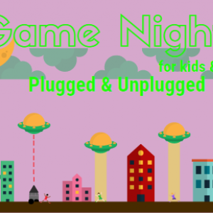 Retro gaming scene with a pink background and the words 'Game Night for kids & teens plugged & unplugged'