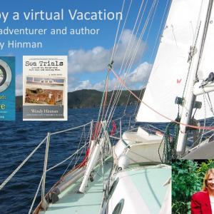 Photo of a sailboat on the sea with author Wendy Hinman's image and book covers