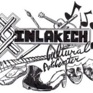 Inlakech in bold block letters, cultural arts center in handwriting. Hand drawn piano keys, guitar, dance shoes, paint brush, and pencil, music notes, masks, and a symbol. 