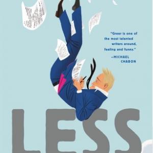 book cover for the novel Less. Shows a blonde man in a suit falling backwards through air while writing. Pages are falling through the air.