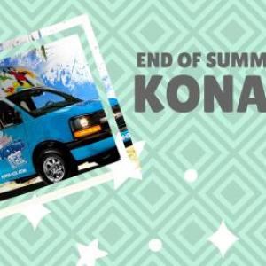 Nested diamond pattern in background, shades of blue. End of Summer Party KONA ICE in gray letters. Picture of the kona ice truck at a jaunty angle. White sparkles/dots as decoration. 