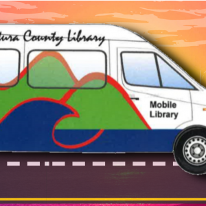 Graphic of the mobile library van at sunset