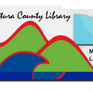 Illustration of the Mobile library vehicle. It is a large van with the library card logo wrapped on the vehicle. Text on vehicle reads Ventura County Library across the side with Mobile Library printed on the door.