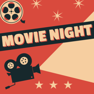 Movie night text with a reel and movie camera