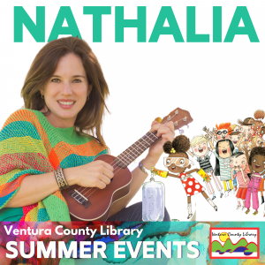 woman in colorful poncho holds guitar next to illustration of a crowd of children