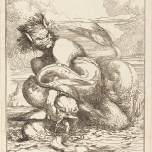 etching from 1778 by artist John Hamilton Mortimer, depicts a sea monster fighting with a large fish