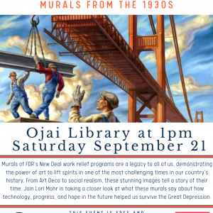 flyer for event, info on calendar listing, orange and navy, painting of men building the Golden Gate Bridge 