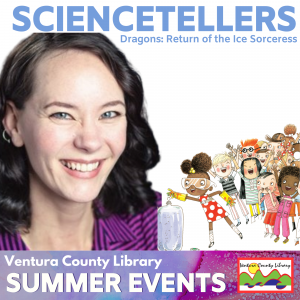 smiling woman next to an illustrated crowd of children. text displayed is title of the event.