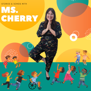 smiling woman stands in a yoga pose against a bright backdrop filled with cartoon children