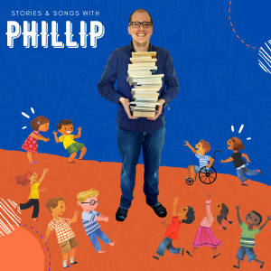 image shows man holding a stack of books. cartoon children run and play everywhere