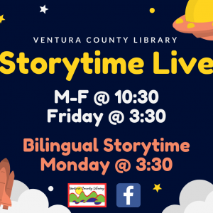 infographic with outer space theme that shows the weekly schedule for Storytime Live on FB