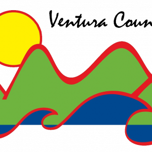 Ventura County Library logo, green mountains, blue waves, yellow sun. All have a red outline. Penned brush stroke font: Ventura County Library. 