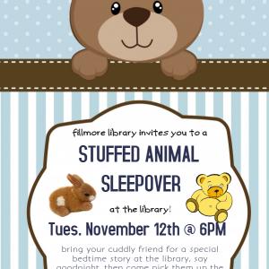 Stuffed Animal Sleepover at Fillmore. Text details in calendar post.