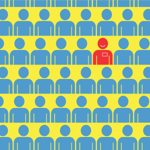 image shows many rows of blue people icons and one red person icon with a smile amidst the crowd of mundanity